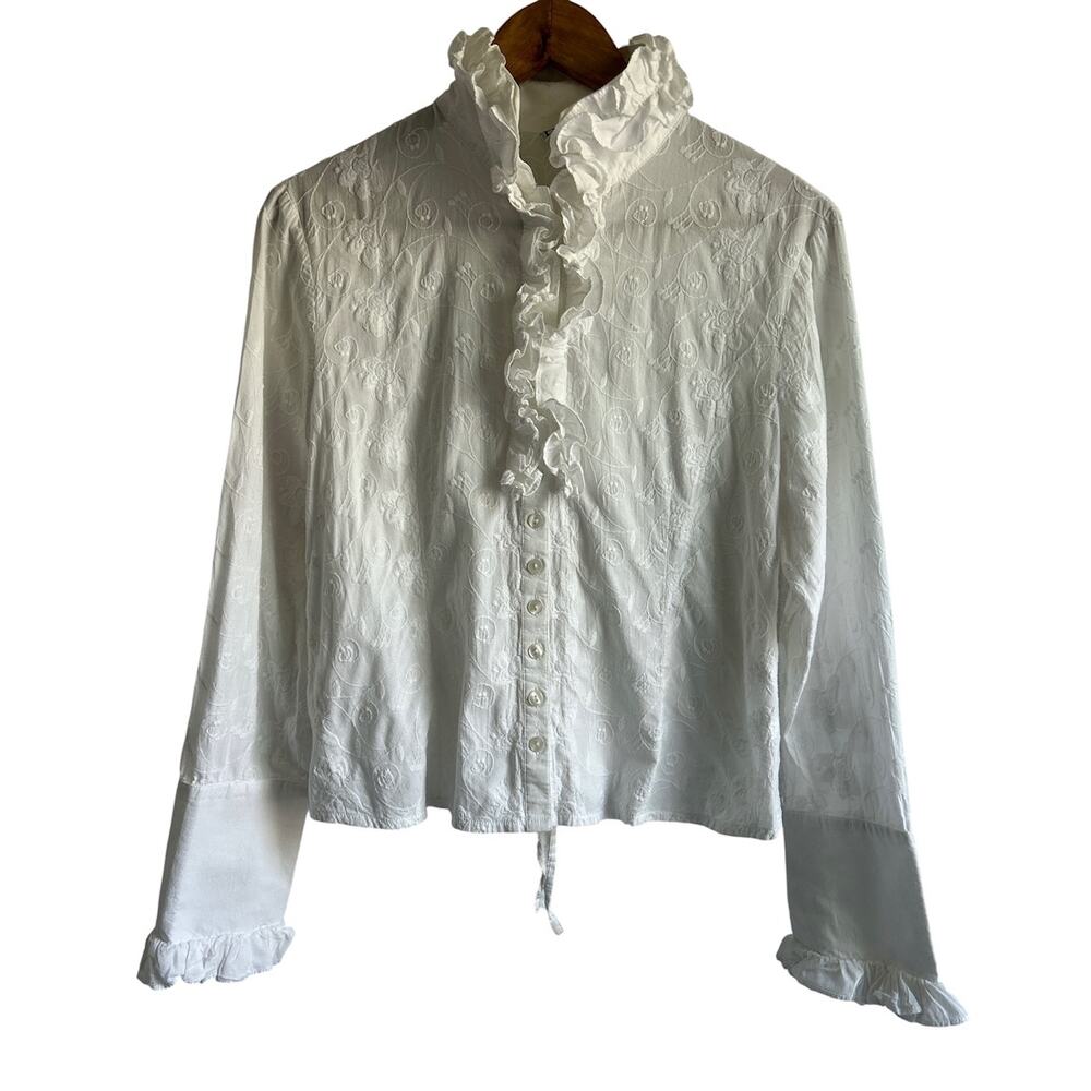 VTG Hess Fackmann S/M Cotton White Floral Embroidered Ruffle French Cuffs Blouse